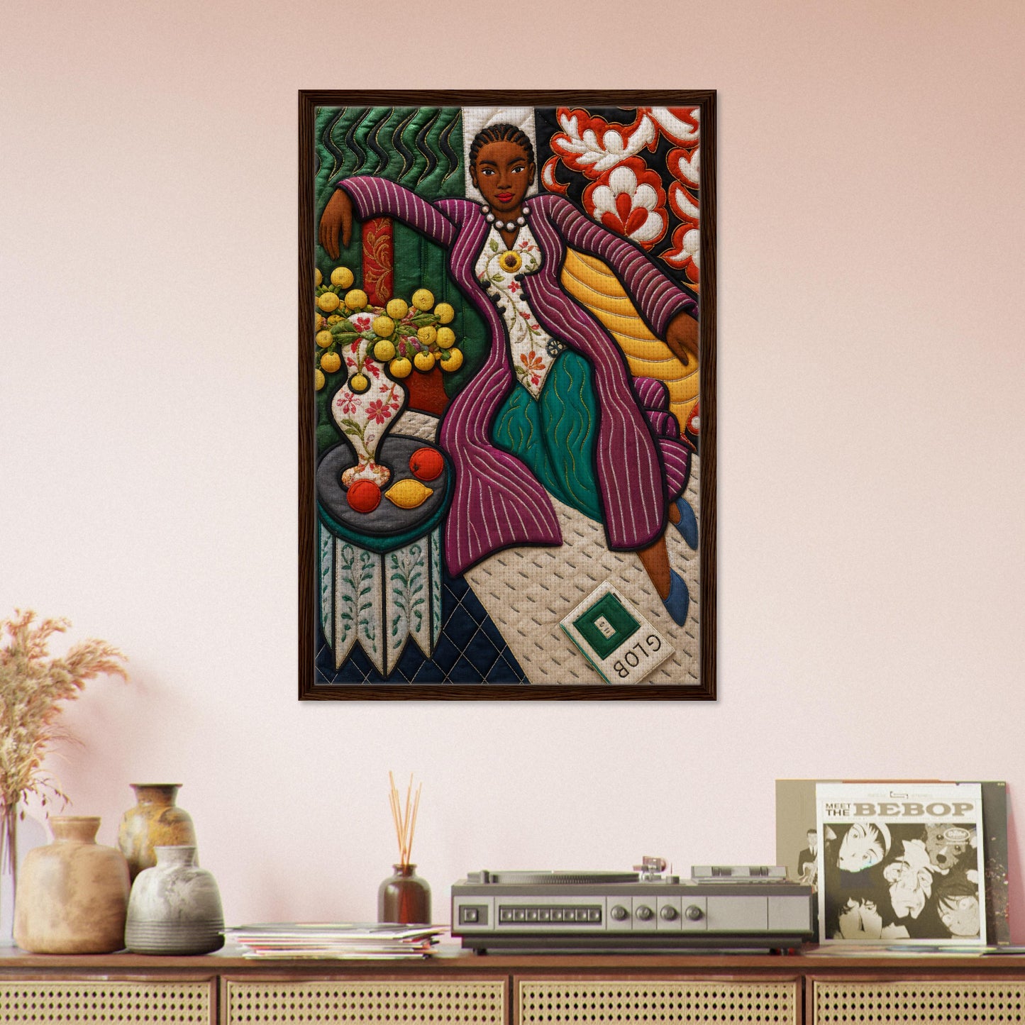 Citrus Lounge Framed Canvas Afrocentric Quilt-Inspired Portrait