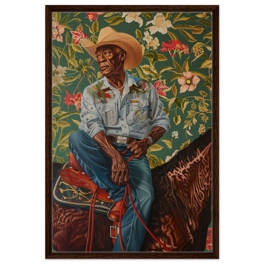 Legacy Lone Star framed canvas, seated cowboy portrait with floral background, dark wood frame