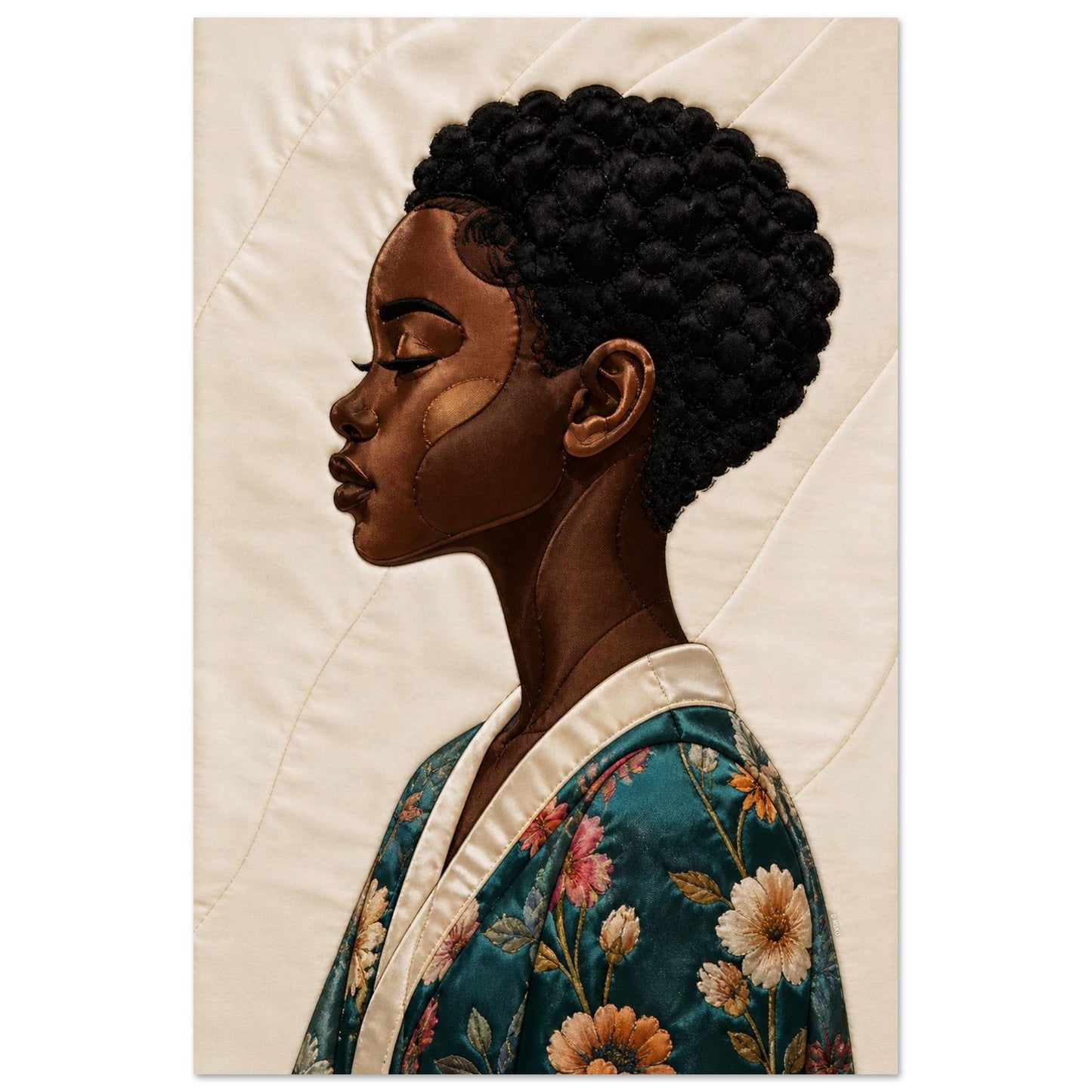 Black woman quilted portrait poster, profile view in beige tones with floral robe on museum-quality matte paper.