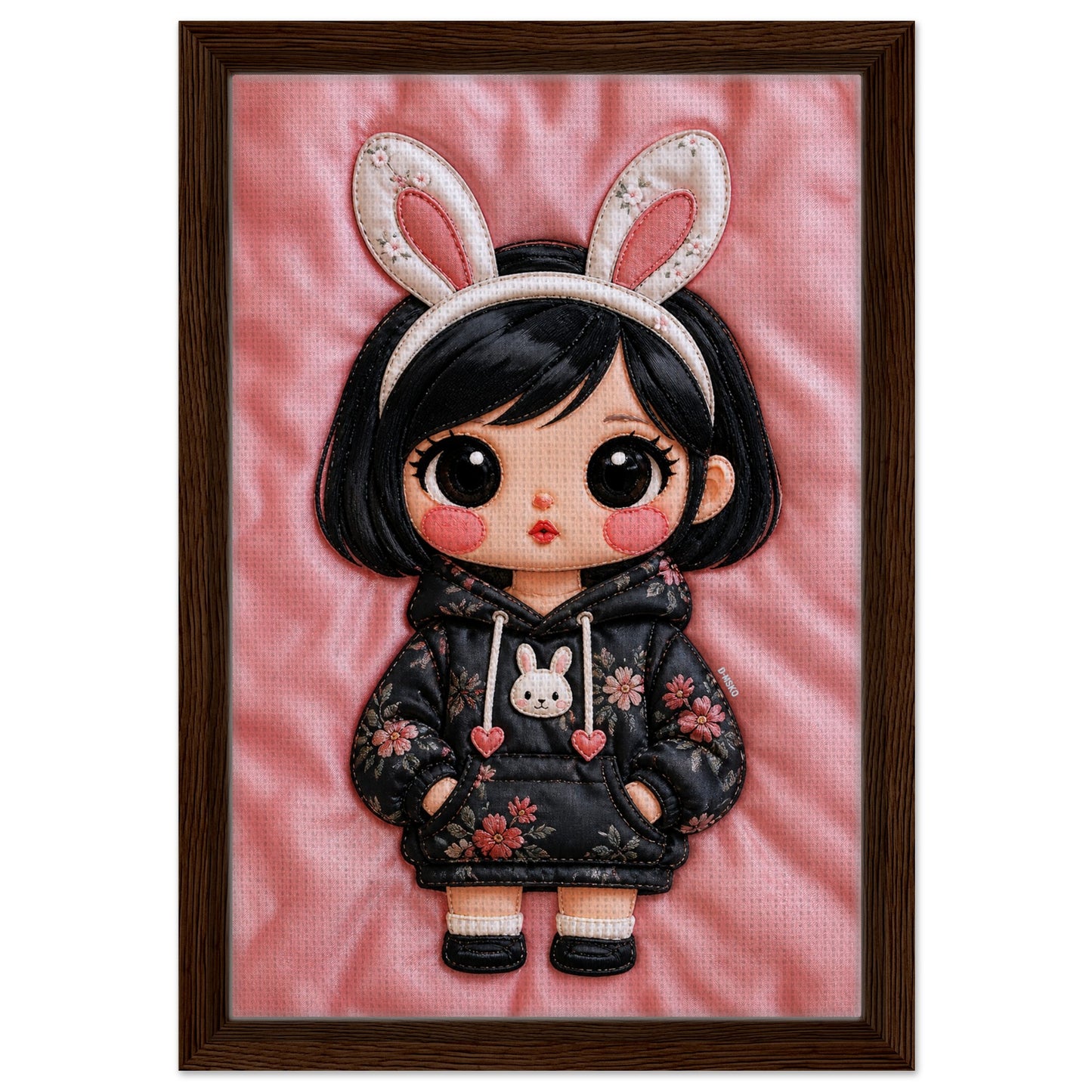 Bunny Bloom Kawaii Quilted-Style Framed Canvas