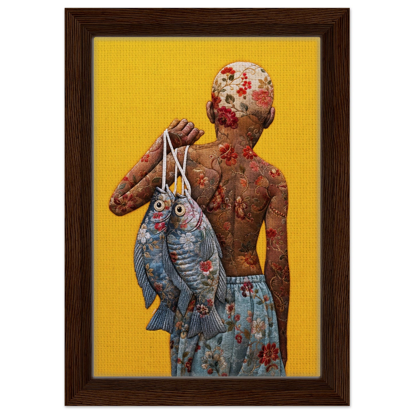 Golden Catch Framed Canvas Quilt-Inspired Folk-Art