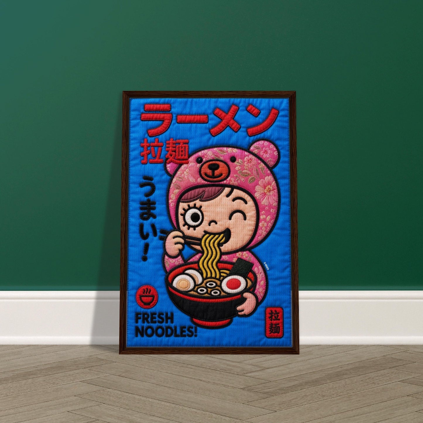 Kawaii Ramen Bear Framed Canvas Quilt-Inspired Pop-Art