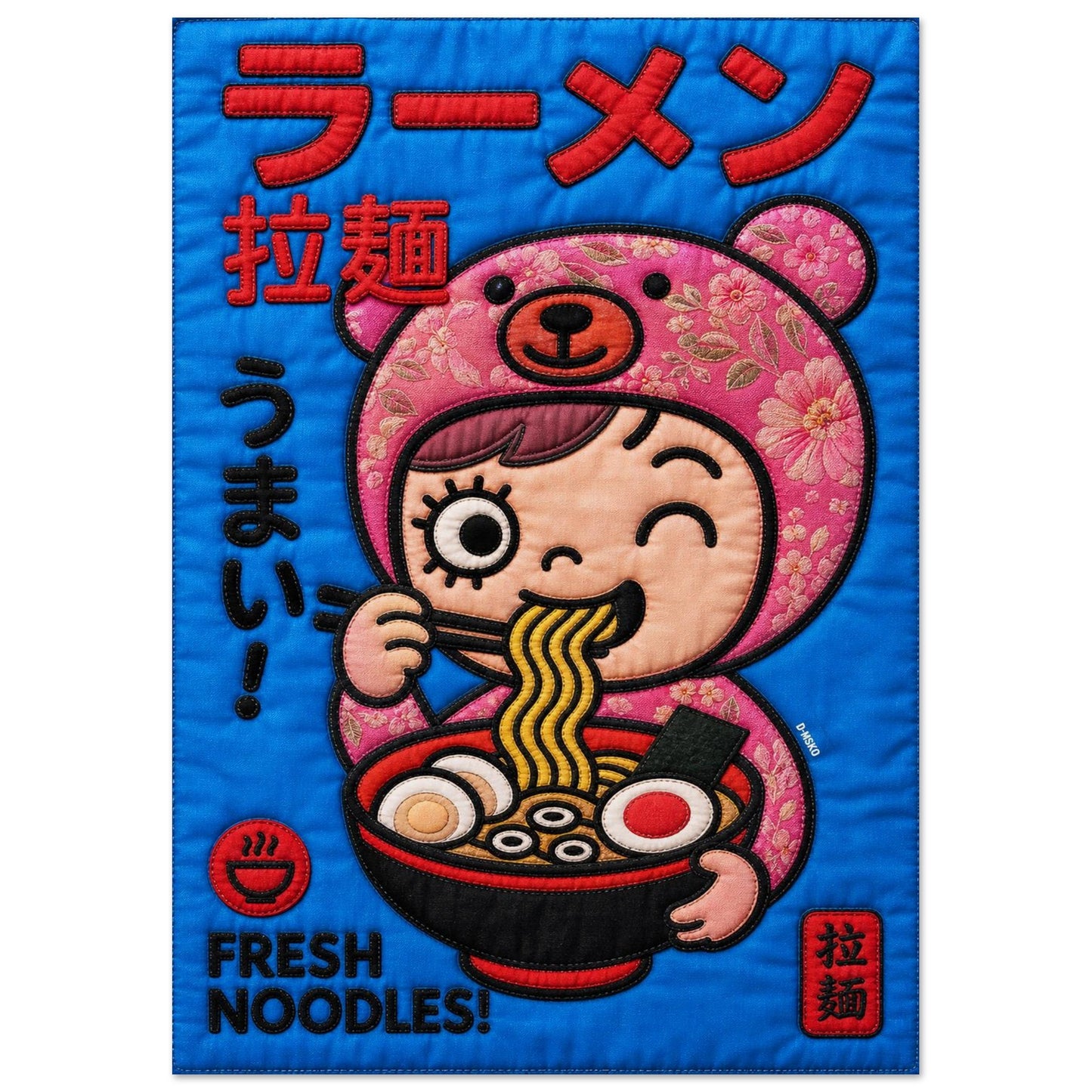 Kawaii Ramen Bear Quilted-Style Museum-Quality Matte Paper Poster