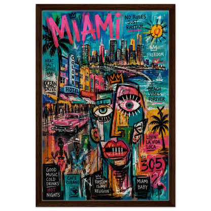 Miami Rhythm 305 Framed Canvas Neon-Graffiti Urban-Pop - Neo-Pop Style
