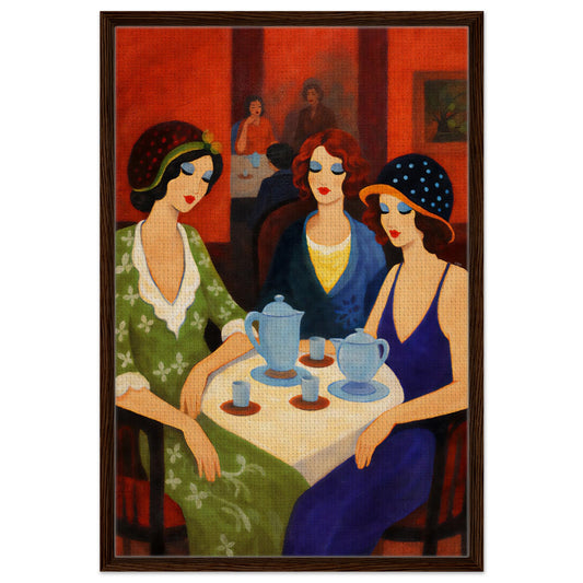 Art Deco framed canvas wall art of three women at a tea room, 1920s Paris style, vertical portrait in dark wood frame
