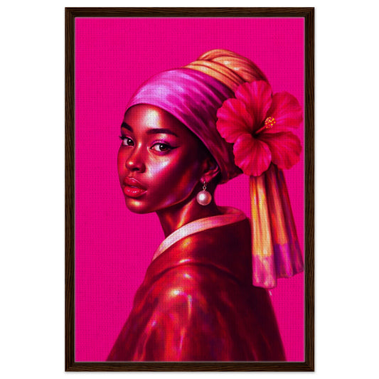 Modern pearl portrait on chromatic framed canvas with magenta field, hibiscus headwrap, and slim black wood frame