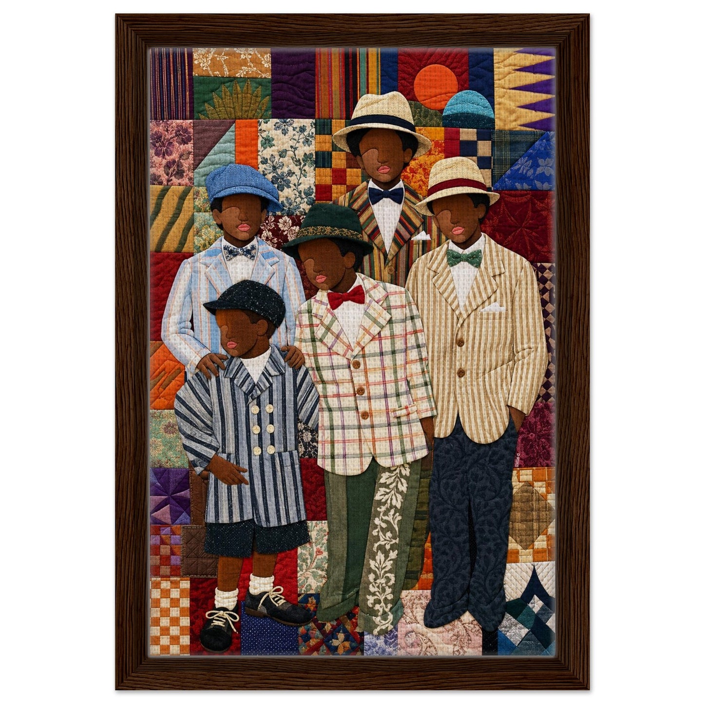 Framed Canvas, Dapper Brothers Black Boys Wall Art, Quilted-Style Vintage canvas