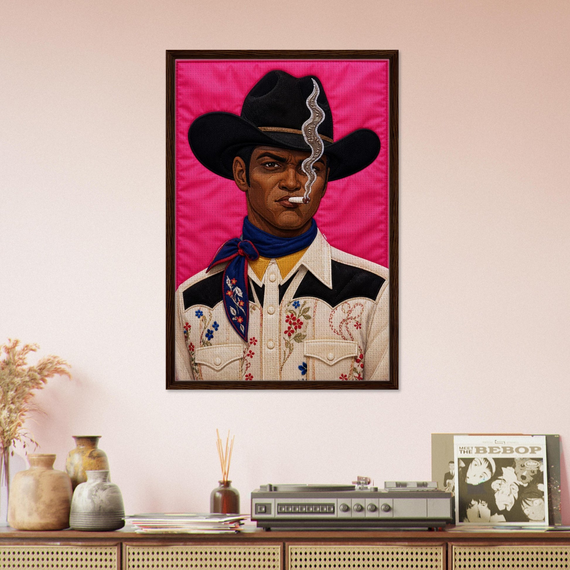 Pink Outlaw Cowboy Framed Canvas Quilt-Inspired Western Portrait