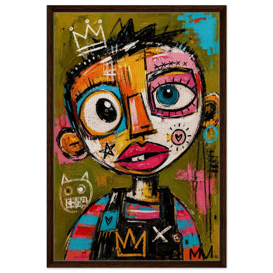 Afrocentric street art framed canvas of a crowned rebel child portrait in a dark wood frame, colorful graffiti-style