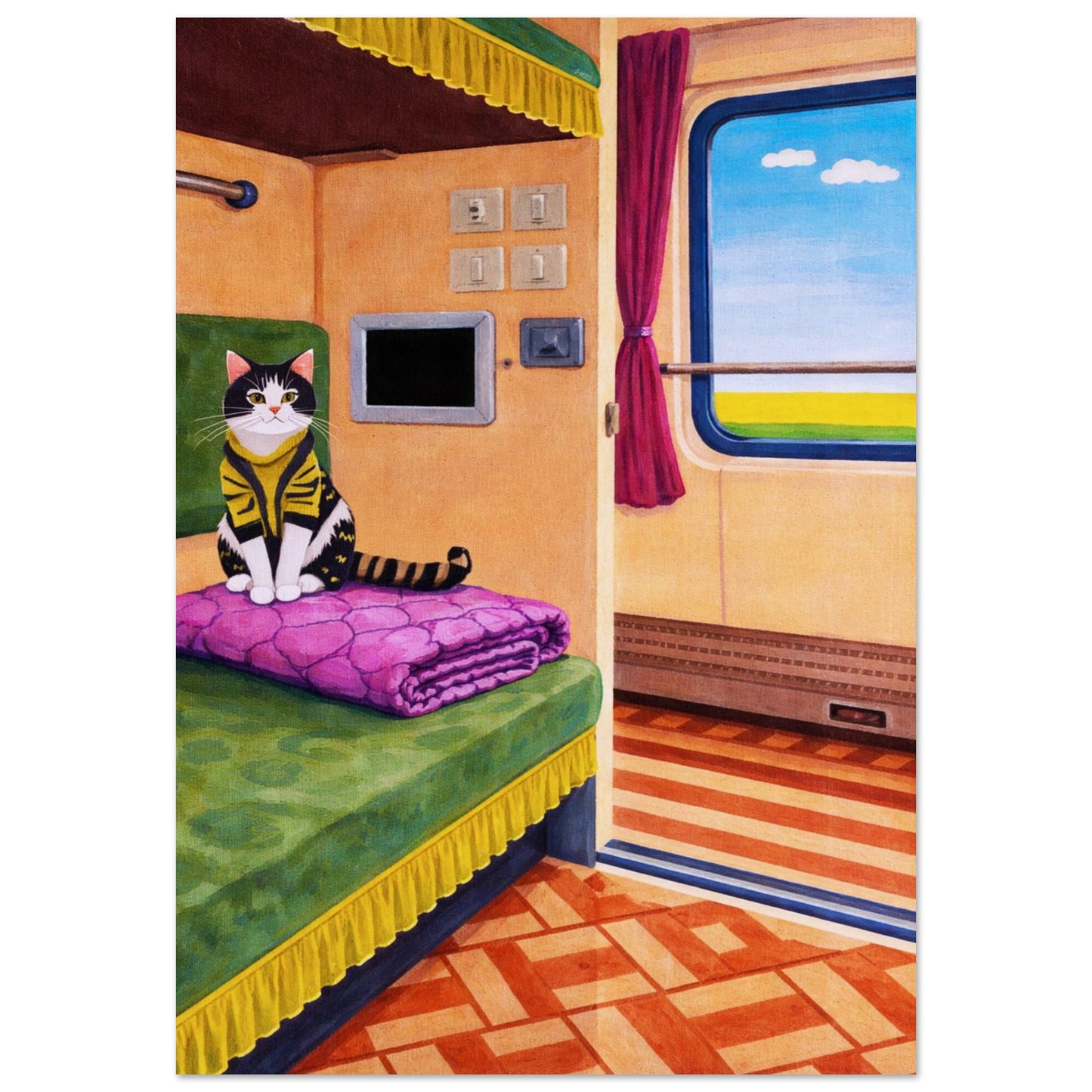 Cat on Train Matte Paper Poster Pop-Art - Mid-Century Travel