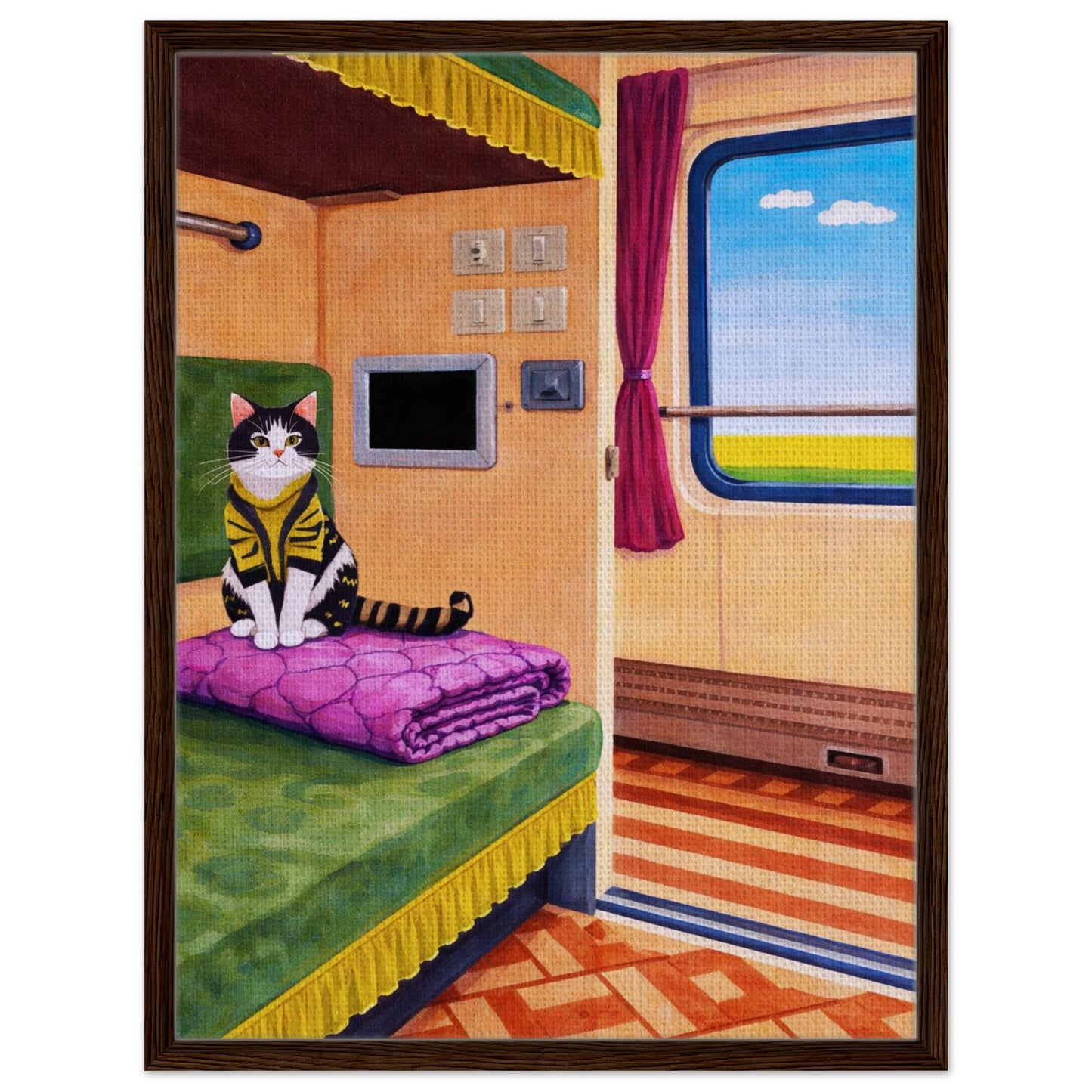 Cat on Train Framed Canvas Retro-Whimsical - Mid-Century Style