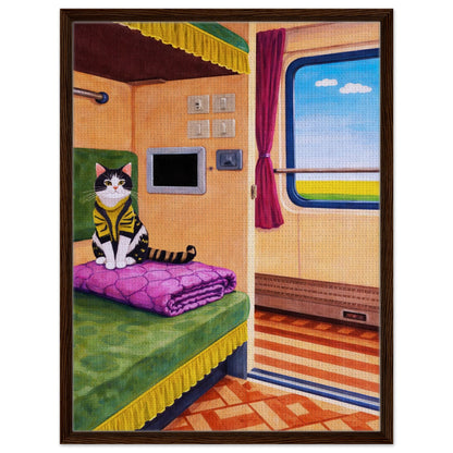 Cat on Train Framed Canvas Retro-Whimsical - Mid-Century Style