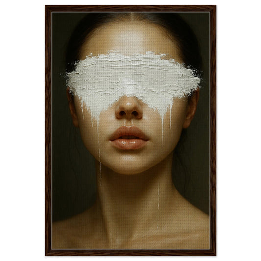 Framed canvas portrait with hidden eyes under a white paint blindfold, dark wood frame, vertical surreal art.
