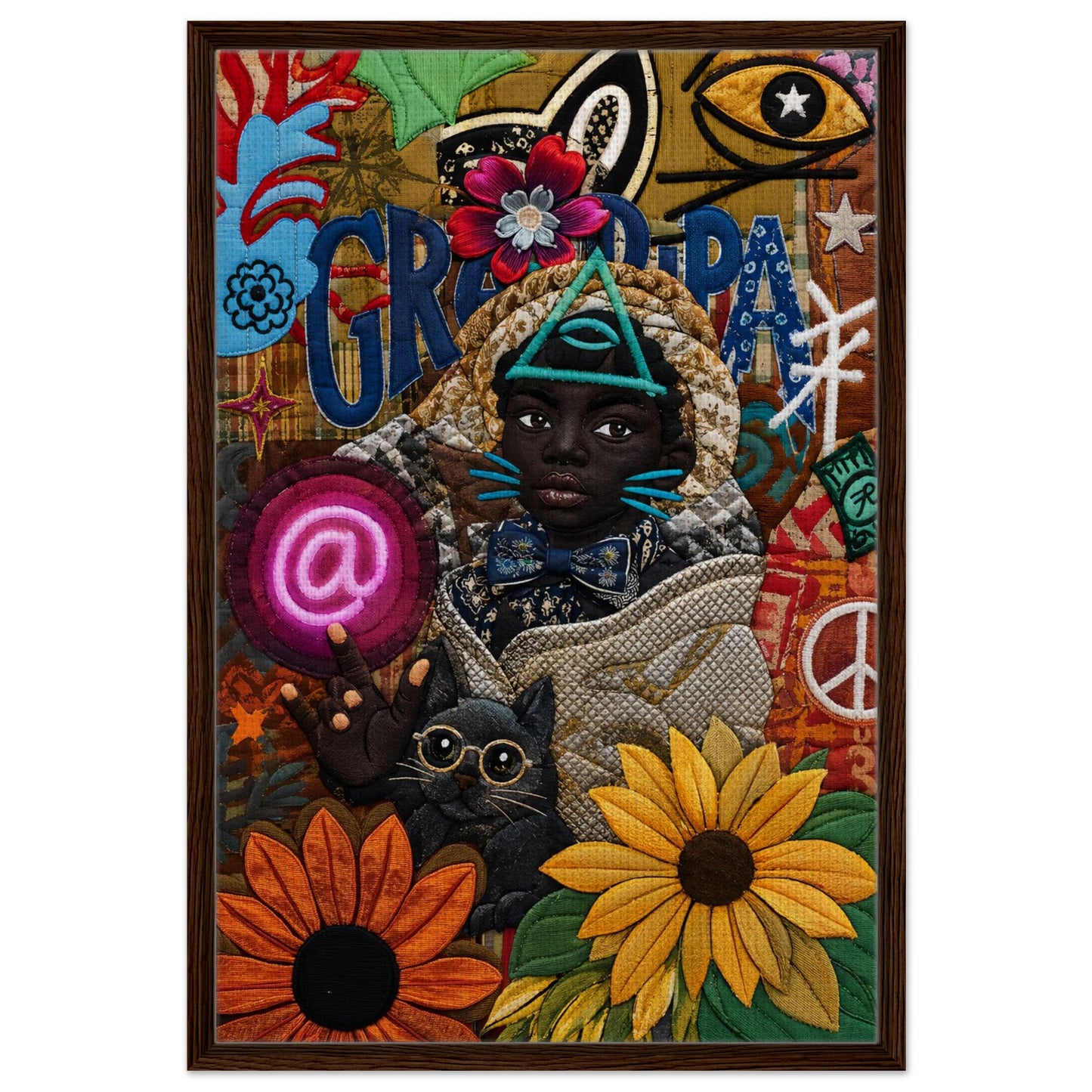 Contemporary art framed canvas, Afrocentric quilt-inspired collage portrait of a Black child with sunflowers