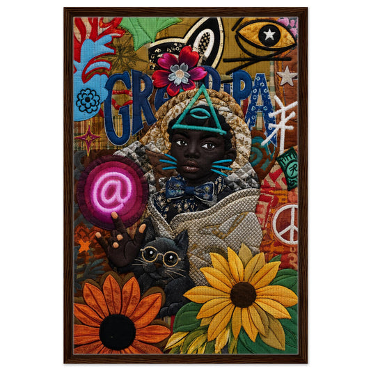 Contemporary art framed canvas, Afrocentric quilt-inspired collage portrait of a Black child with sunflowers