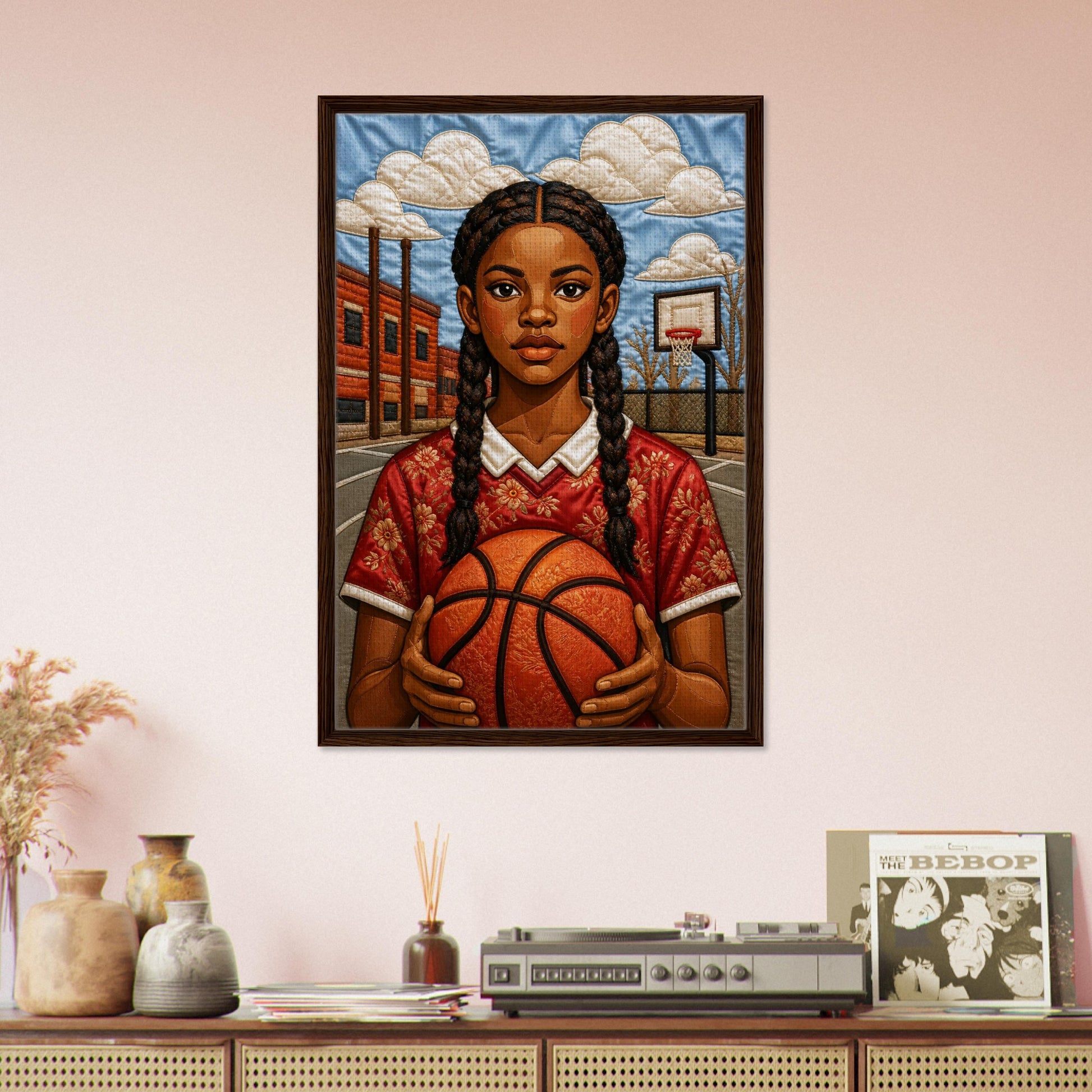 Museum-quality matte poster of quilt-inspired Black girl basketball