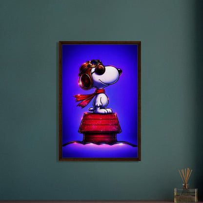 Aviator Dog Framed Canvas Neon Pop-Art - Mid-Century Comic-Strip Style