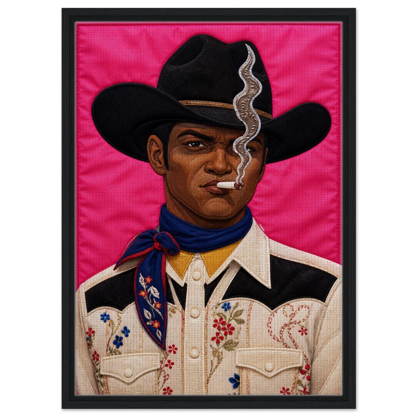 Pink Outlaw Cowboy Framed Canvas Quilt-Inspired Western Portrait