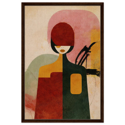Ochre and rouge mid-century geometric abstract female portrait on framed canvas with thin black gallery frame, vertical