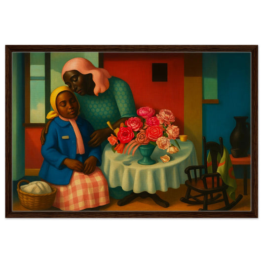 Mother's Blessing framed canvas in folk style, mother and child with roses, dark wood frame, landscape wall art