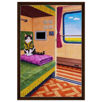 Cat on Train Framed Canvas Retro-Whimsical - Mid-Century Style