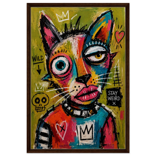 Cat graffiti framed canvas wall art, 'Stay Weird' text, crown, heart, and skull motifs in a dark wood frame