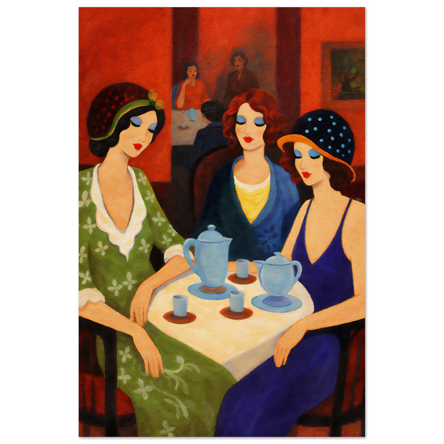 Art Deco 1920s poster showing three women in a Paris tea room, neutral palette with gold accents