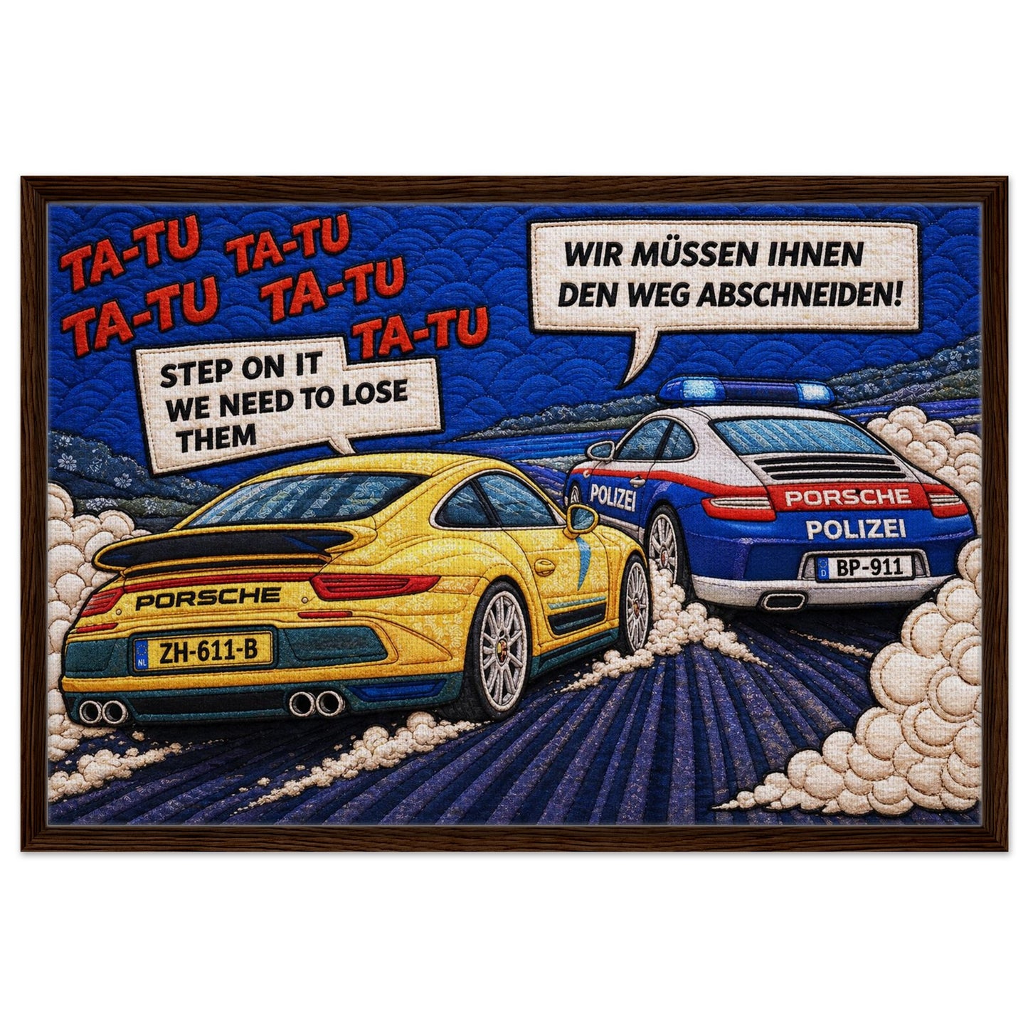 Porsche pop framed canvas print, yellow sports car chased by German Polizei on Autobahn, quilted comic style