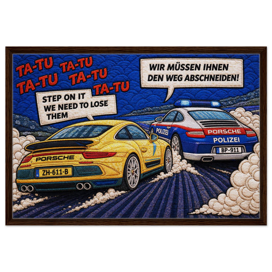 Porsche pop framed canvas print, yellow sports car chased by German Polizei on Autobahn, quilted comic style