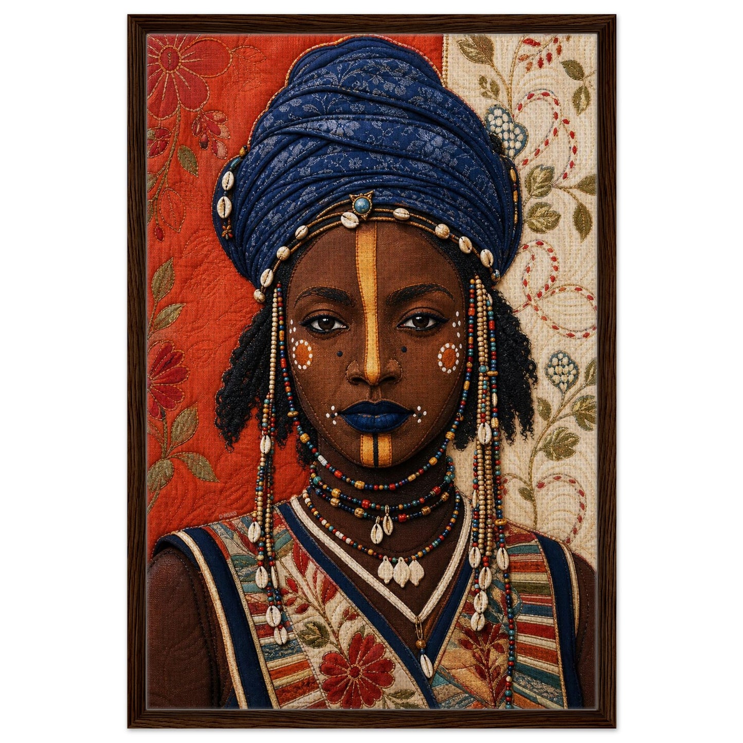 Wadaabe African portrait on framed canvas, woman with indigo headwrap, beads, cowrie shells, dark wood frame