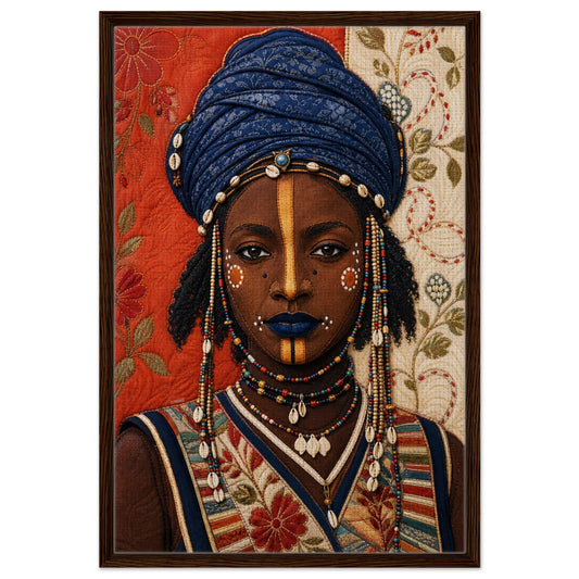 Wadaabe African portrait on framed canvas, woman with indigo headwrap, beads, cowrie shells, dark wood frame