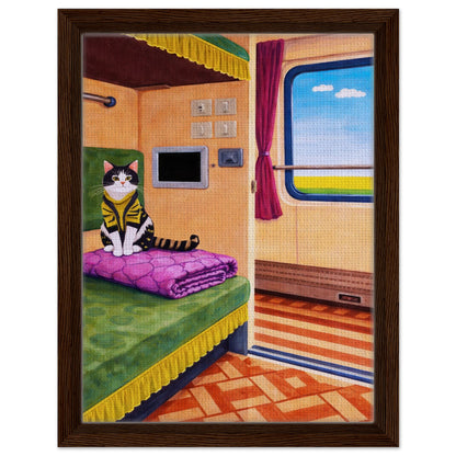 Cat on Train Framed Canvas Retro-Whimsical - Mid-Century Style