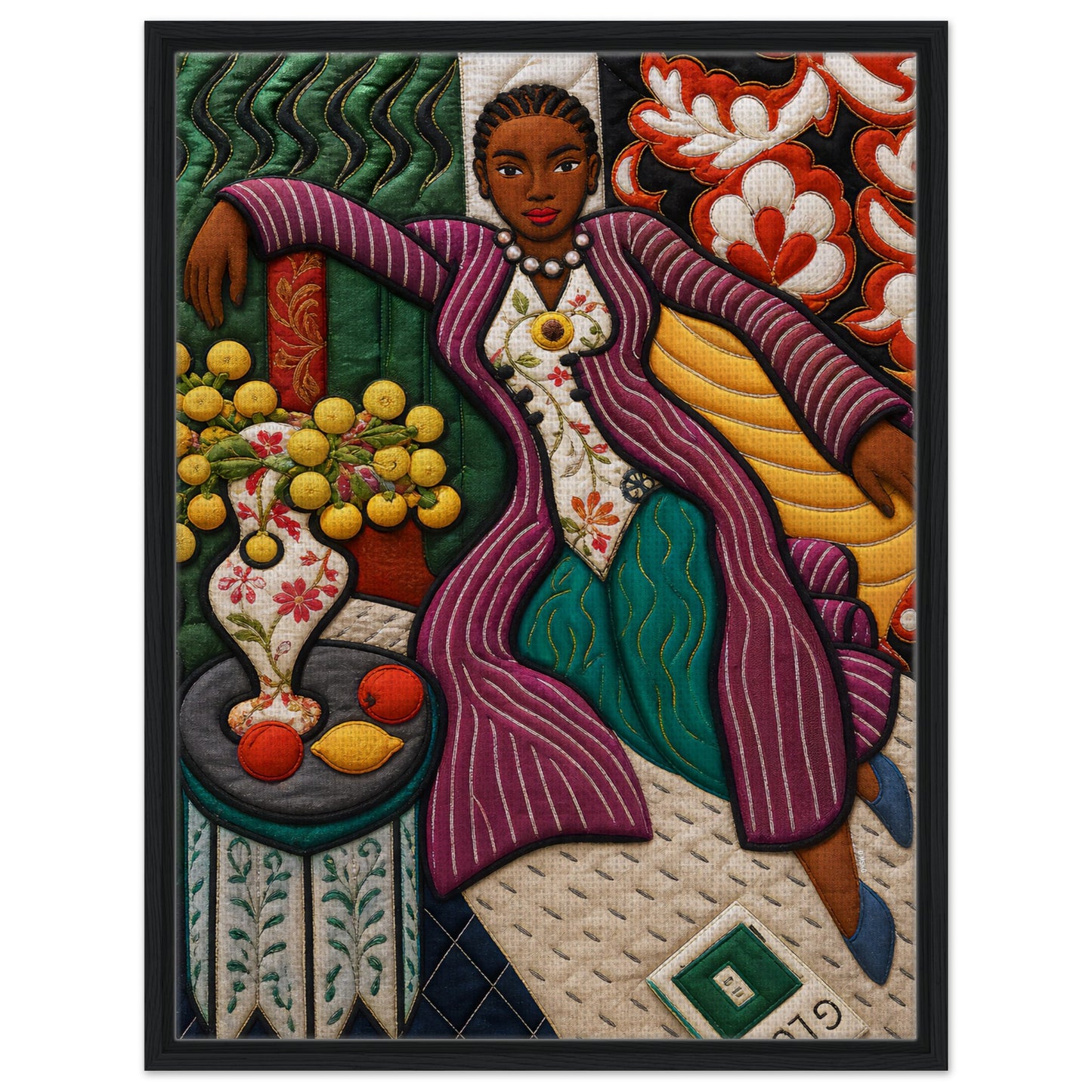 Citrus Lounge Framed Canvas Afrocentric Quilt-Inspired Portrait