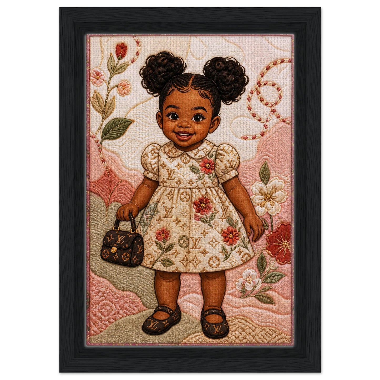 Little Luxe Black Girl Framed Canvas Quilted-Style Textile-Inspired