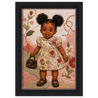 Little Luxe Black Girl Framed Canvas Quilted-Style Textile-Inspired