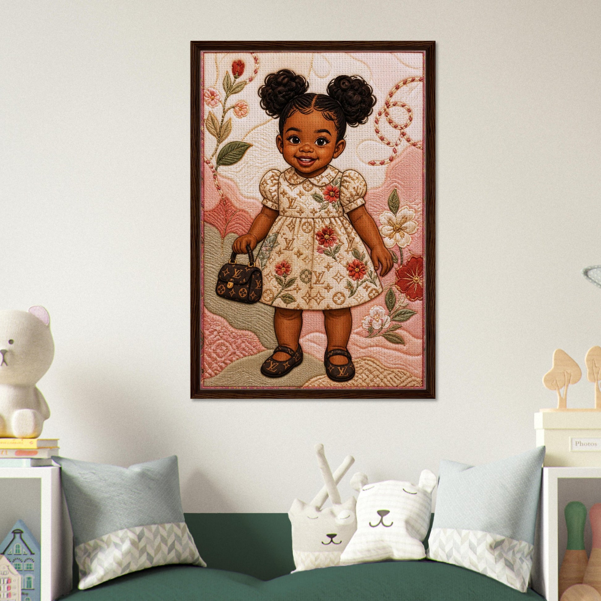 Little Luxe Black Girl Framed Canvas Quilted-Style Textile-Inspired