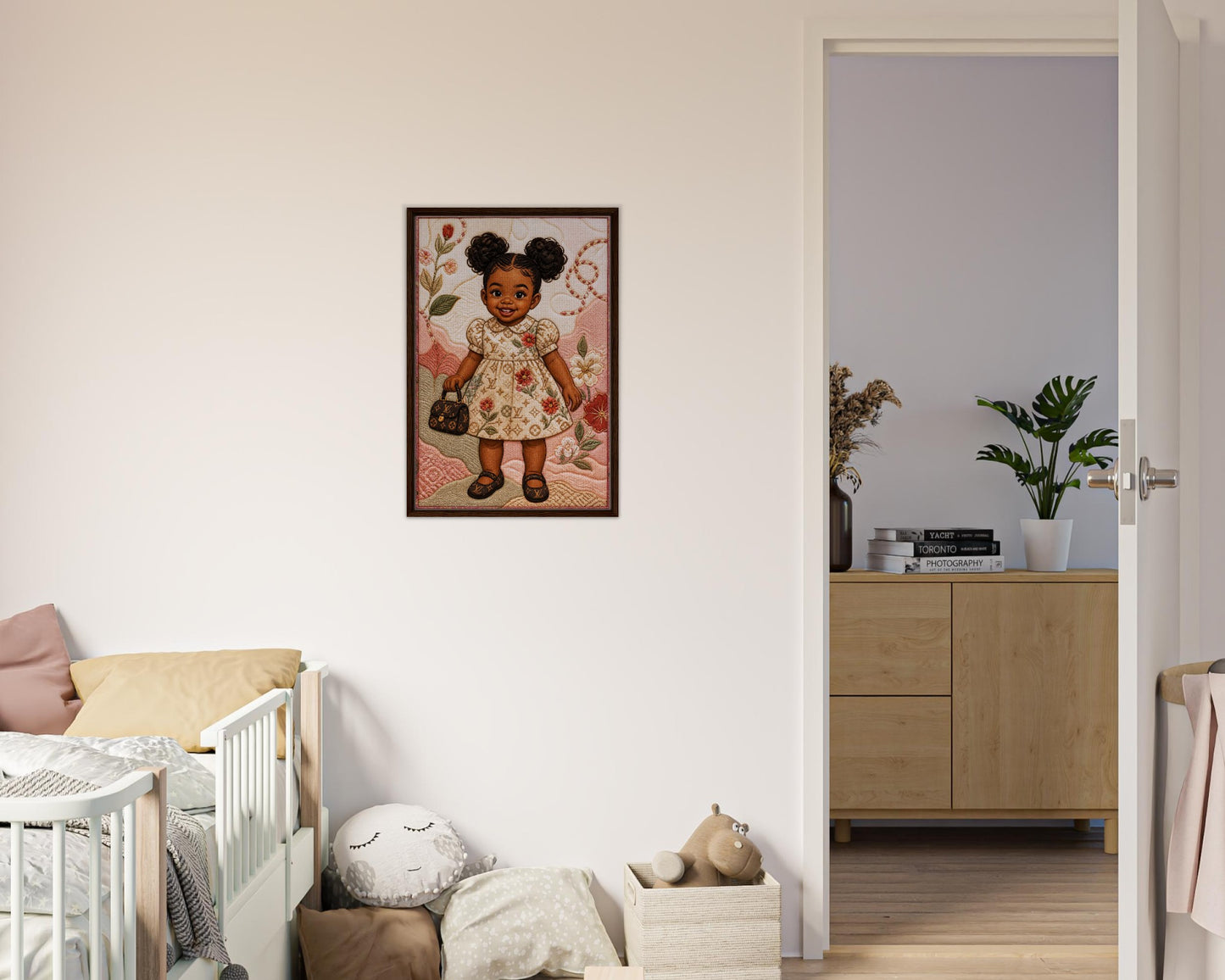 Little Luxe Black Girl Framed Canvas Quilted-Style Textile-Inspired