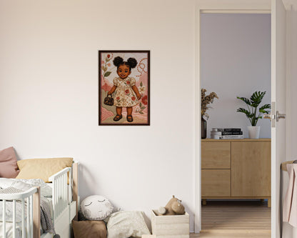 Little Luxe Black Girl Framed Canvas Quilted-Style Textile-Inspired