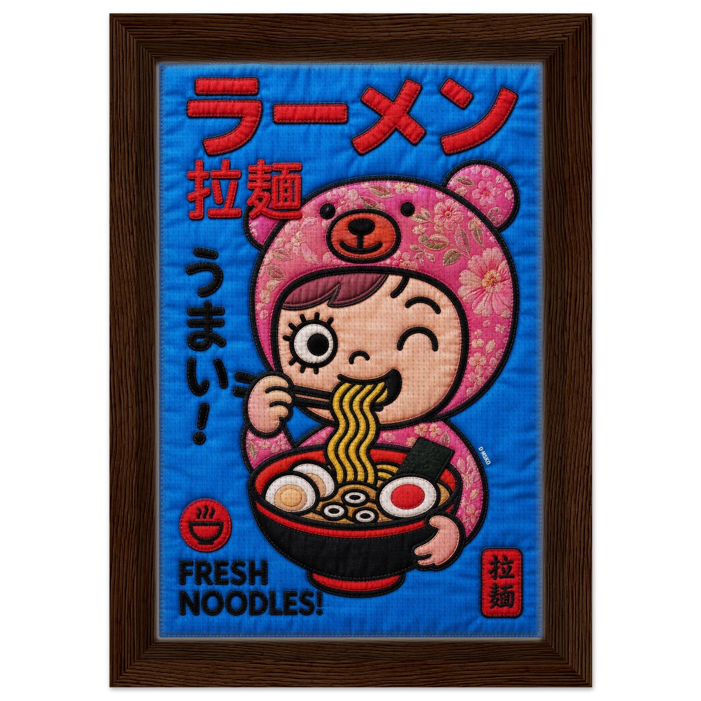 Kawaii Ramen Bear Framed Canvas Quilt-Inspired Pop-Art