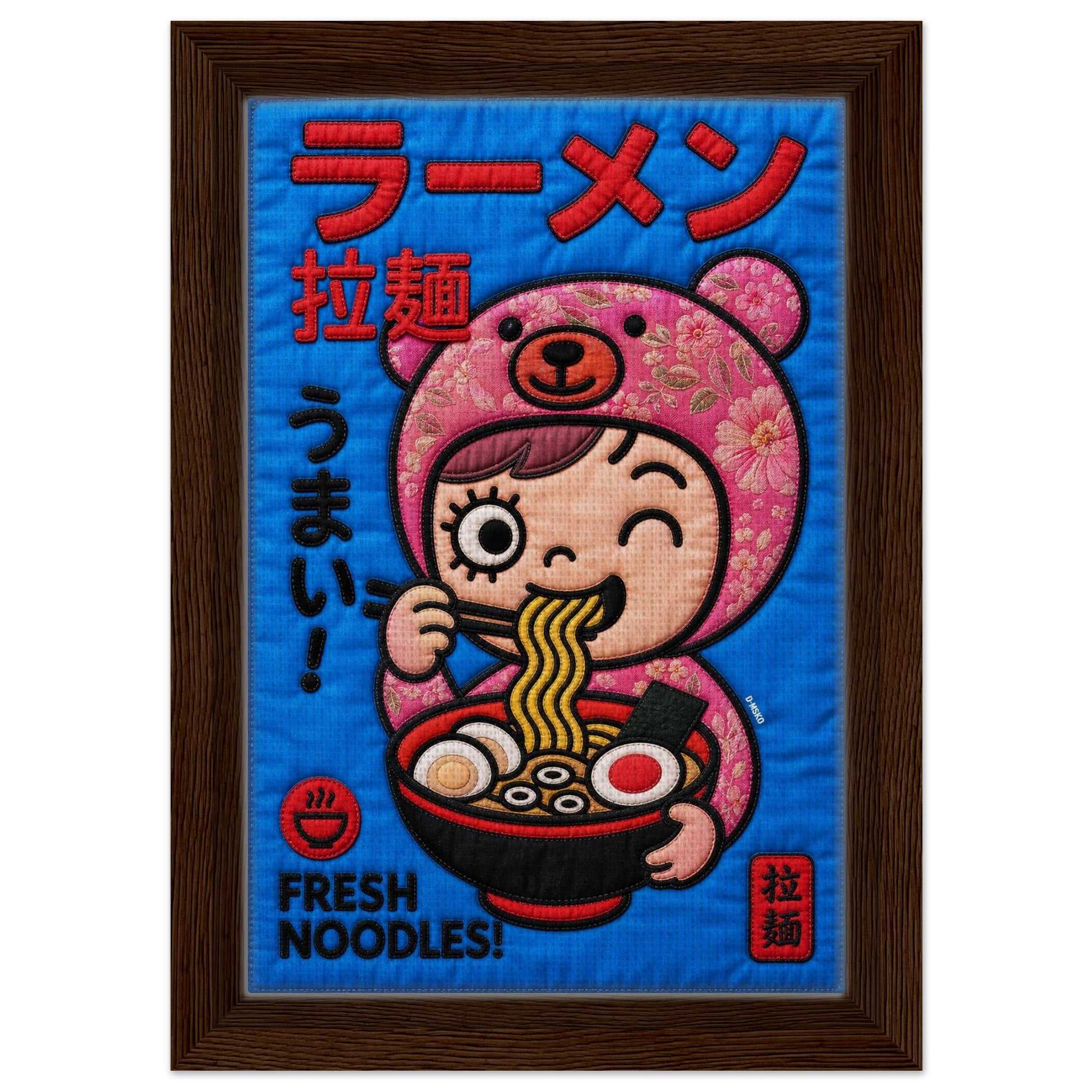 Kawaii Ramen Bear Framed Canvas Quilt-Inspired Pop-Art