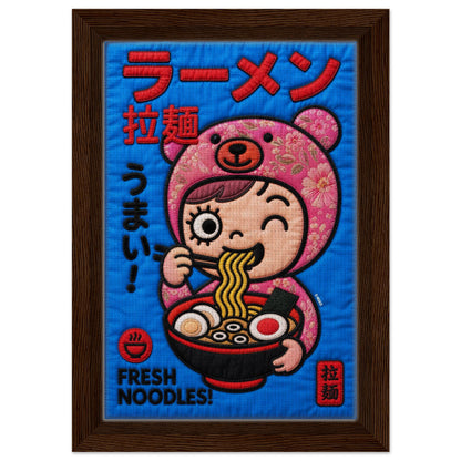 Kawaii Ramen Bear Framed Canvas Quilt-Inspired Pop-Art