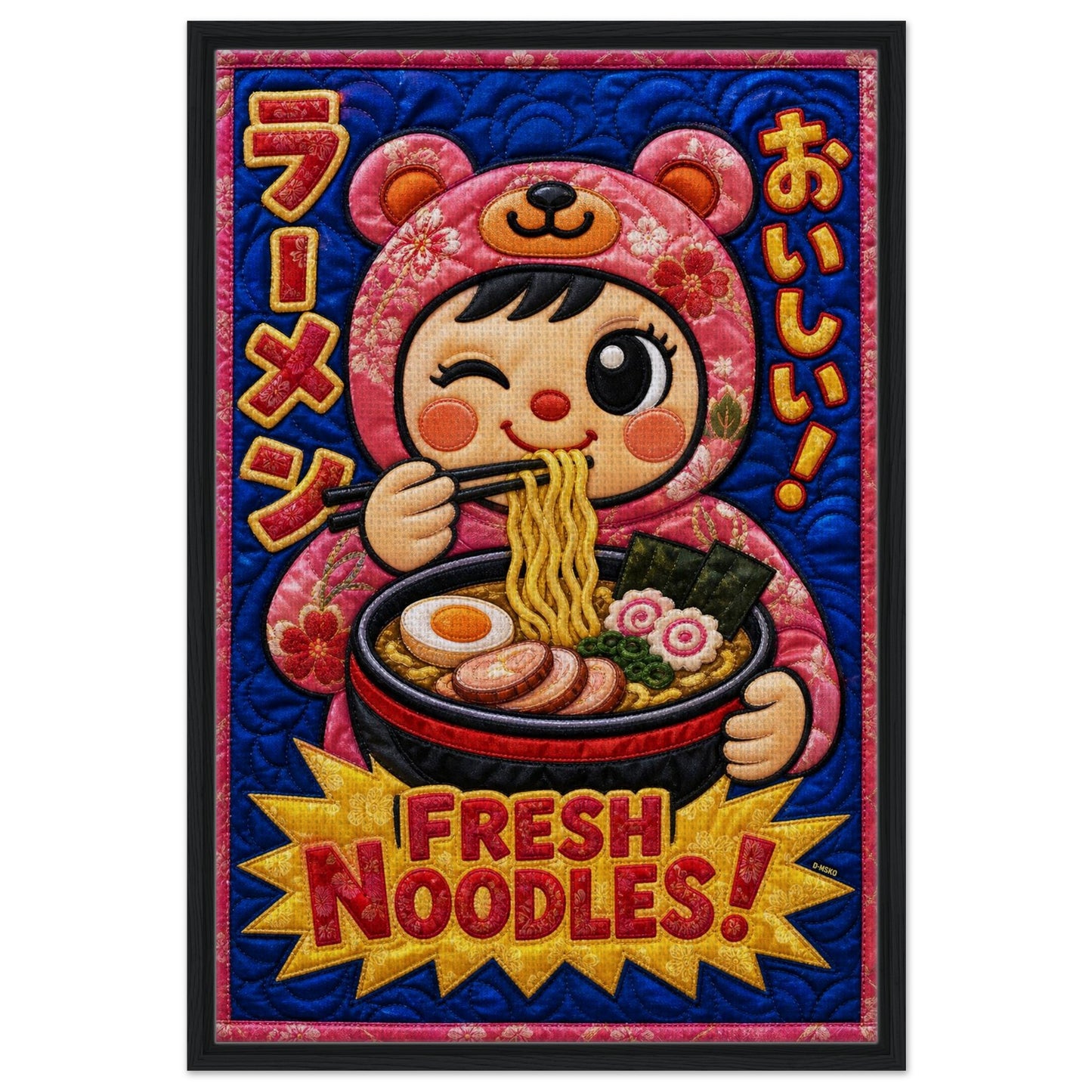 Fresh Noodles Framed Canvas Quilt-Inspired Kawaii-Style