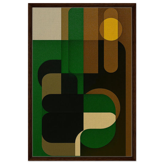 Mid century modern framed canvas with nature-inspired geometric shapes, earth-tone greens, black wood frame, portrait