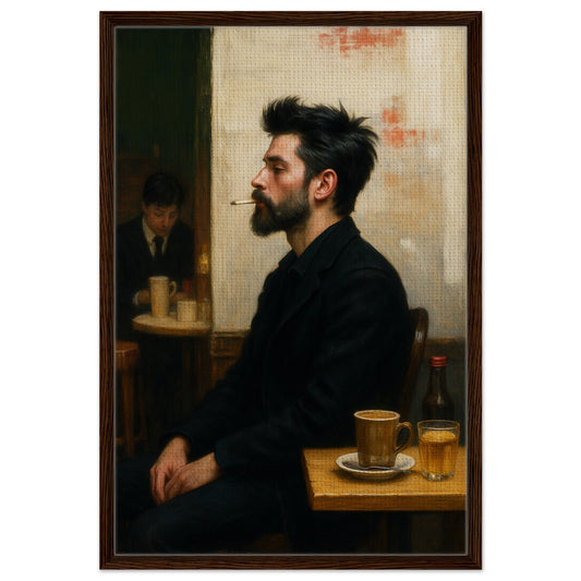 Late afternoon smoke framed canvas of a bearded man in café light, black wood frame, cinematic realism, vertical wall art