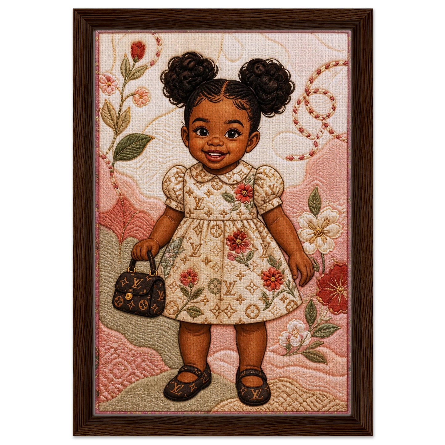 Little Luxe Black Girl Framed Canvas Quilted-Style Textile-Inspired