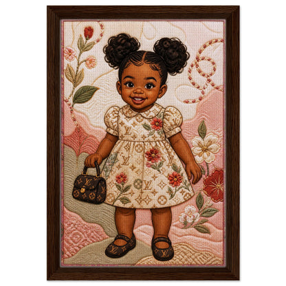 Little Luxe Black Girl Framed Canvas Quilted-Style Textile-Inspired