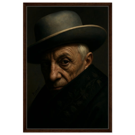 Picasso shadow moment of reflection framed canvas, vertical chiaroscuro portrait with dark wood or black frame