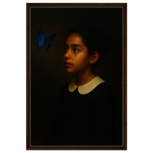 Classical framed canvas portrait with blue butterfly wings, chiaroscuro lighting, wood frame, portrait orientation