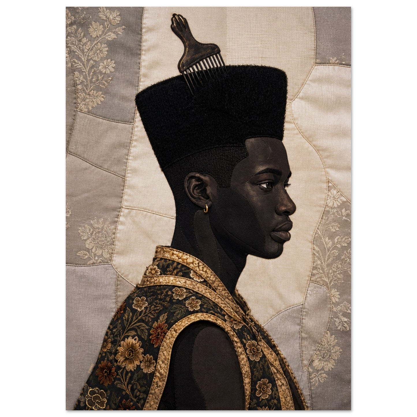 Black Man Afro Quilt Motif Matte Paper Poster in Bisa Butler Style