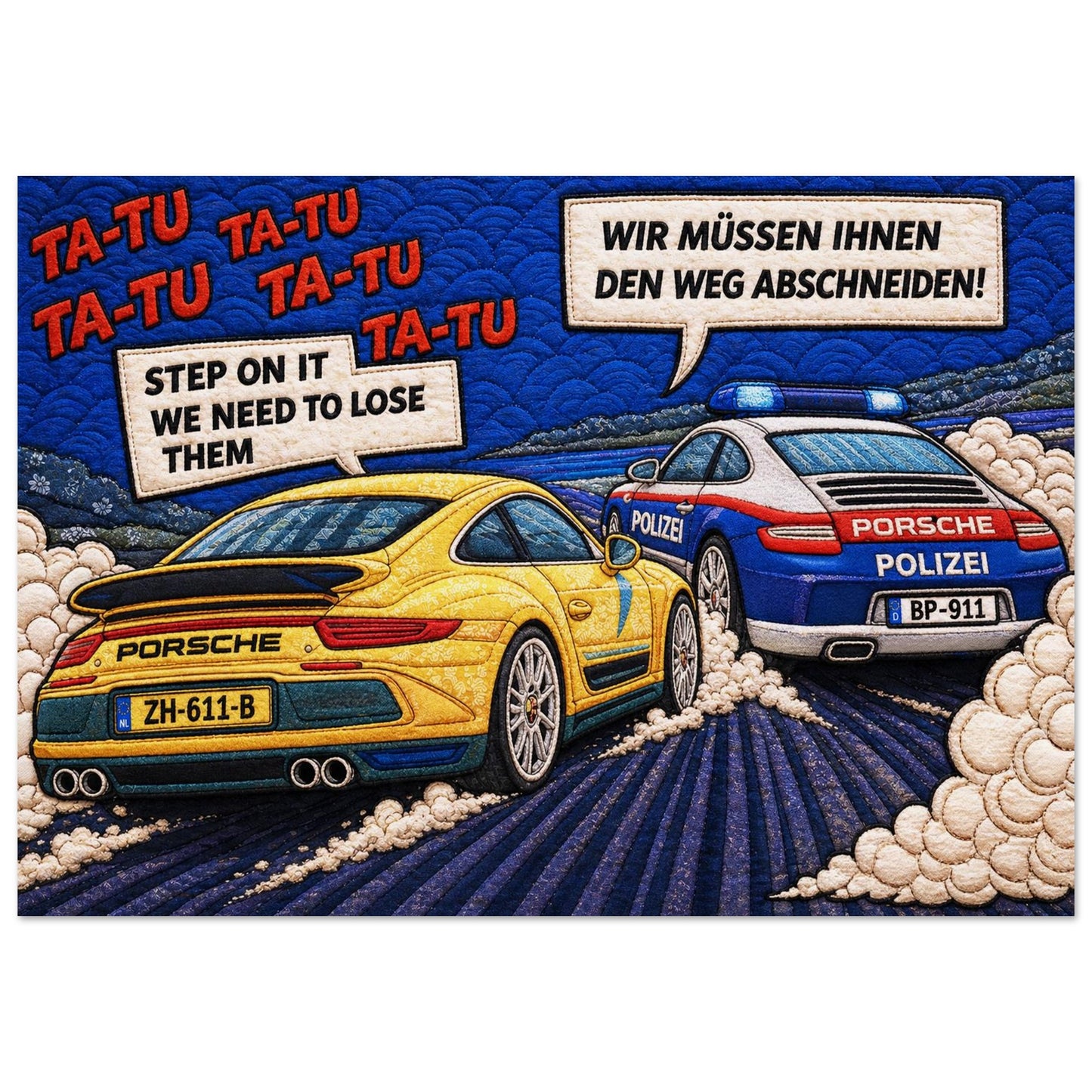 Autobahn Chase Museum Quality Matte Paper Poster Quilt-Inspired Pop-Ar